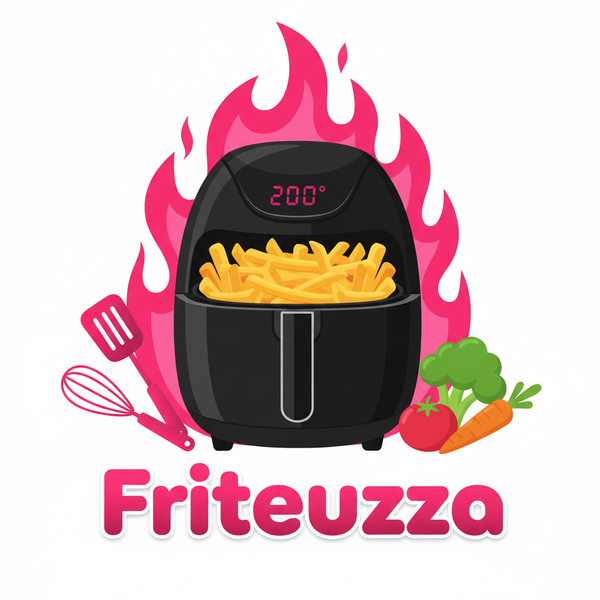 A highly detailed modern vector logo for a brand named "Friteuzza", featuring a sleek black air fryer with a digital display showing 200°, filled with golden yellow french fries. The entire logo theme is pink and magenta, with vibrant pink flames behind the air fryer. The brand name "Friteuzza" in bold 3D gradient pink typography with white outline. Surrounding elements include kitchen tools in pink and fresh vegetables in natural colors: green broccoli, red tomato, orange carrot. Clean, professional, flat 